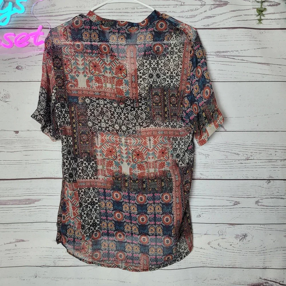 ASOS Multicolor Boho Patchwork Prairie Print V-Neck Blouse‎ Womans Size XS
